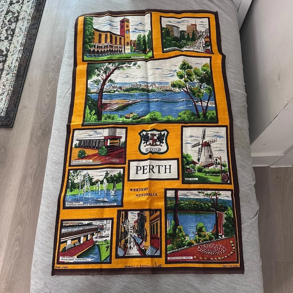 PERTH WESTERN AUSTRALIA TRAVEL SOUVENIR PURE LINEN PRINTED TEA‎ TOWEL